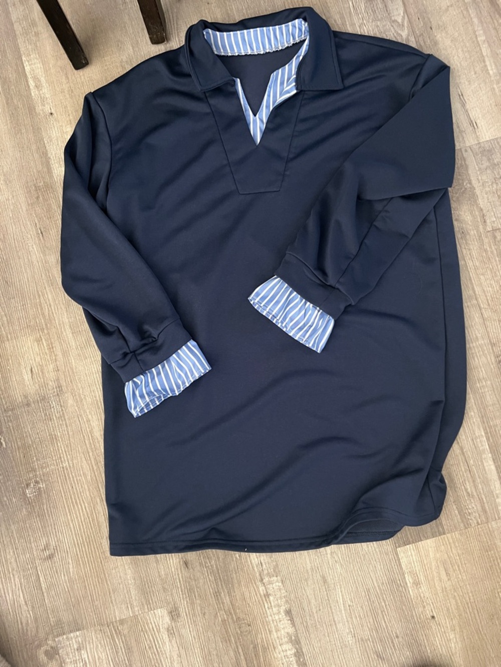 Women’s  Navy Long-Sleeve Collared Shirt with Contrast Striped Trim